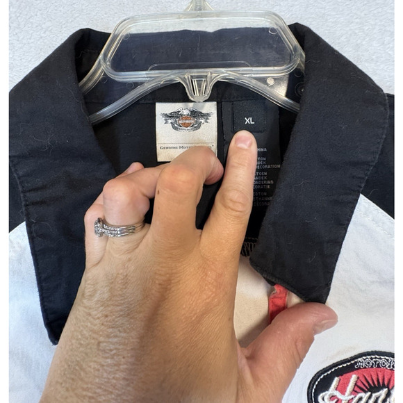 Vintage Harley Davidson Womens XL Spell Out Striped Full Zip Mechanic Shirt - Picture 4 of 10